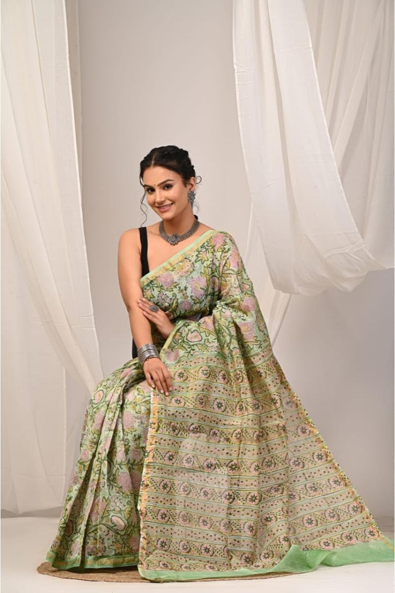 Floral Hand Block Print Chanderi Saree