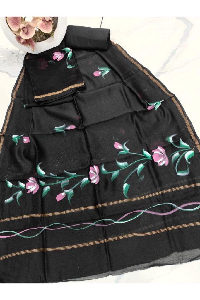 hand painted balck chanderi suit
