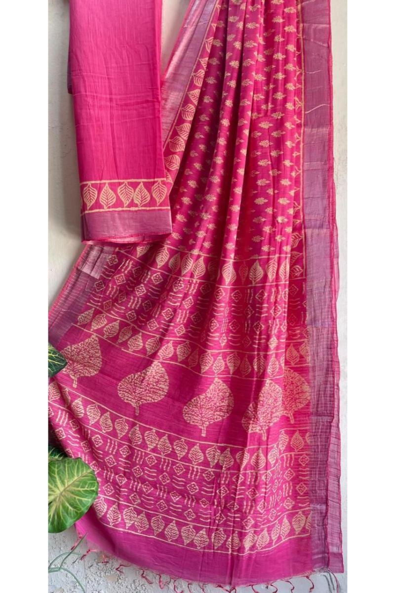 tissue silk sarees pink hand block print